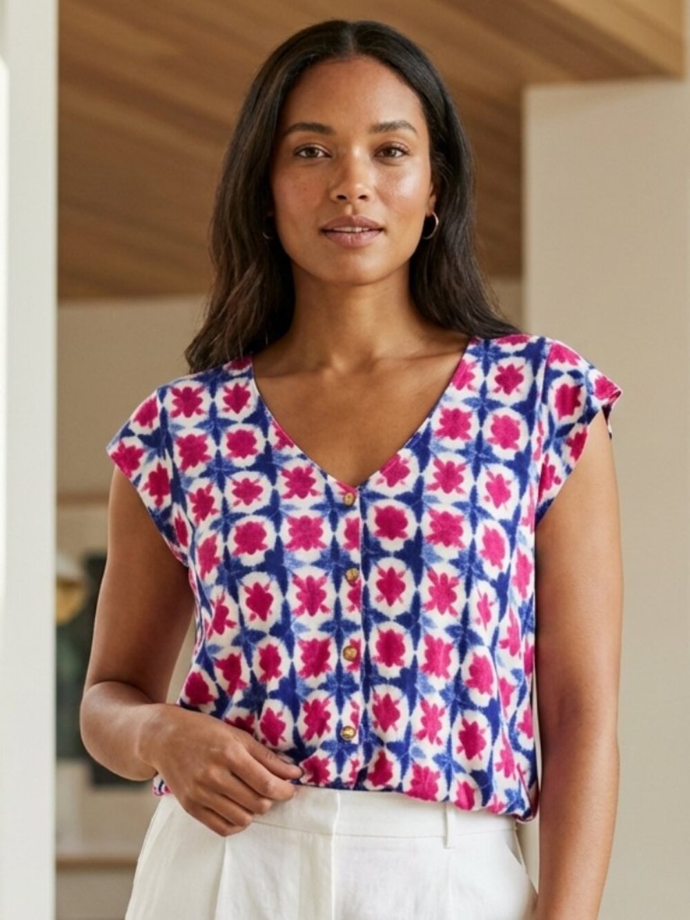LOFT Sleeveless Floral Button Front Blouse Large Pink Blue V-Neck Bubble Hem Top
